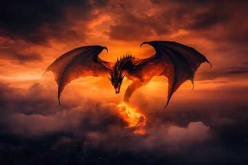Fiery Dragon Descending Upon a Cityscape at Sunset