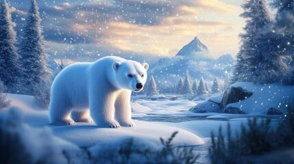 Christmas polar bear in the winter landscape. Polar bear santa. Magical christmas scenery