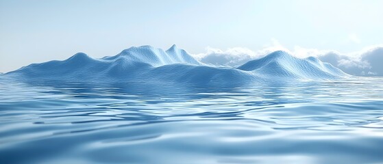 A serene landscape showcasing smooth, undulating blue ocean waves meeting soft clouds in a bright, tranquil setting, creating a calm and peaceful atmosphere.