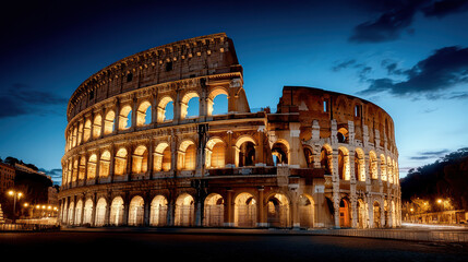 Colosseum in Rome illuminated at night, showcasing its grandeur