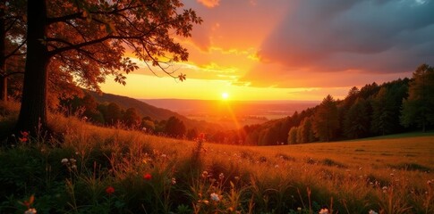 Wald im Sonnenuntergang am Horizont mit hellen Bl?ttern und goldenem Licht, orange, landscape, sunsets