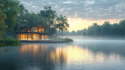Fototapeta premium Serene Lakeside Retreat at Dawn with Mist and Modern Architecture