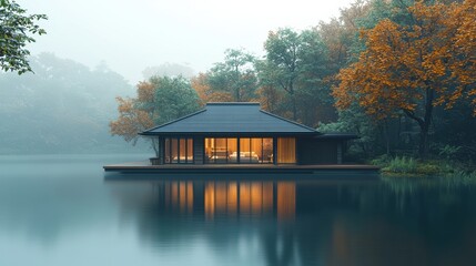 Obraz premium Serene Lake House Surrounded by Autumn Trees in Misty Atmosphere