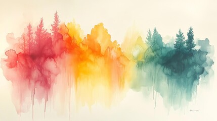 Fototapeta premium Vibrant Watercolor Forest in Bright Hues of Red Yellow and Green. Generative AI