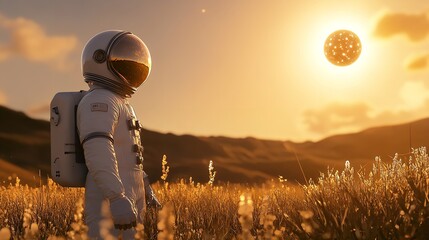 Science Fiction Scene Featuring Space Explorer Observing Alien Planet During Desert Sunrise