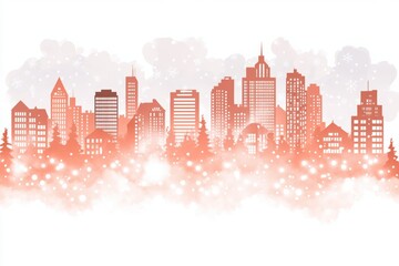 Fototapeta premium A vibrant skyline silhouette featuring modern skyscrapers in shades of orange, set against a soft, misty background.