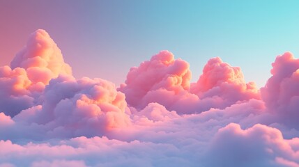 Dreamy sunset sky with fluffy pink clouds and soft blue gradient horizon