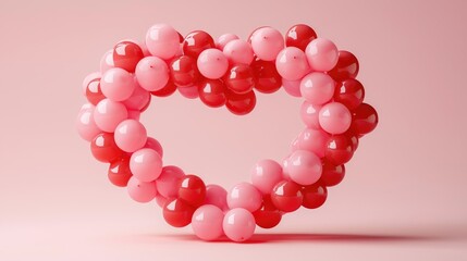 Obraz premium A stunning 3D heart composed of glossy red and pink balloons, elegantly floating against a pastel pink background. Perfect for Valentine's Day promotions, romantic celebrations, and festive designs