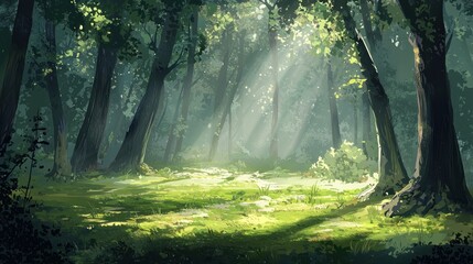 Obraz premium Sunlit Forest Path: A Digital Painting of Serene Nature