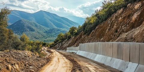 Construction of a concrete retaining wall along a mountain slope to mitigate soil and rock slides onto the road