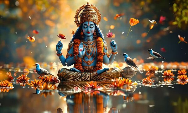 Serene Vishnu deity meditating amidst autumnal flowers and birds
