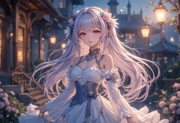 Fototapeta premium An anime girl standing in a field at sunset, with flowing hair and a dreamy expression.