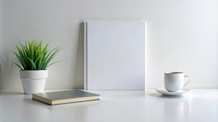 Blank White Book Cover Mockup with Coffee Cup and Potted Plant on Minimalist Desk
