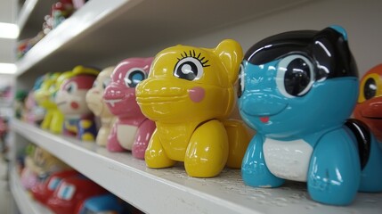 Colorful toy animals on shelf, shop background, retail display
