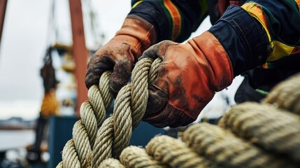 A close-up of a worker's hands skillfully handling thick rope, showcasing rugged gloves and a maritime setting.
