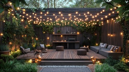 Obraz premium Cozy Outdoor Living Space with String Lights and Natural Decor