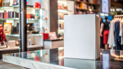 Fototapeta premium Blank White Book Cover Mockup Standing on a Wooden Table in a Modern Store Setting