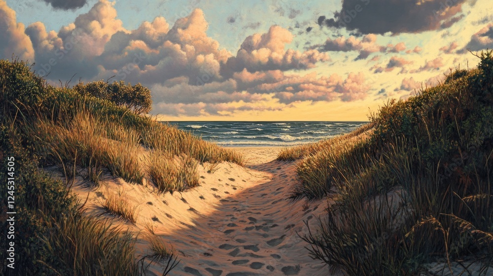 Aufkleber a serene beach path bordered by grass leading to the ocean under a colorful sky.