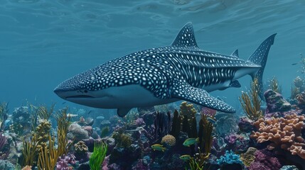 Naklejka premium A majestic whale shark swims gracefully through vibrant coral reefs, showcasing its unique spotted pattern in a clear blue ocean.