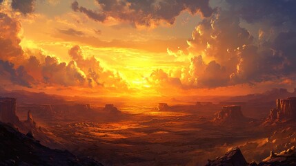 A stunning sunset background, glowing horizon with warm golden hues.