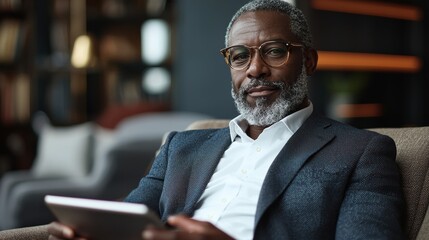 Confident Mature Man Using Tablet in Modern Stylish Indoor Setting