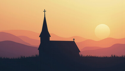Obraz premium Dramatic Church Silhouette Against Mountain Sunset