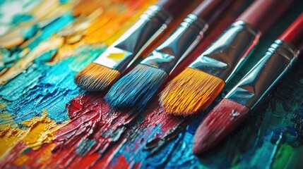 Obraz premium Vibrant Palette: Close-up of Paintbrushes on a Colorful Canvas