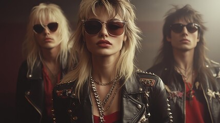Cool Rock Band with Sunglasses in Leather Jackets and Bold Accessories. Generative AI
