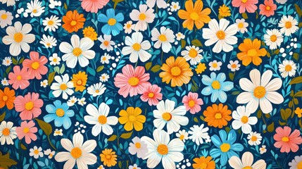 A vibrant floral pattern featuring various colorful flowers on a dark background, creating a cheerful and lively atmosphere.