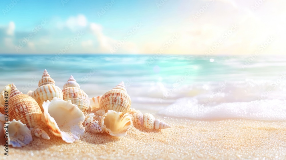 Poster a serene beach scene featuring various seashells on sandy shores with gentle waves.
