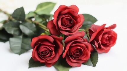 Obraz premium A bouquet of four vibrant red roses with lush green leaves, symbolizing love and beauty.
