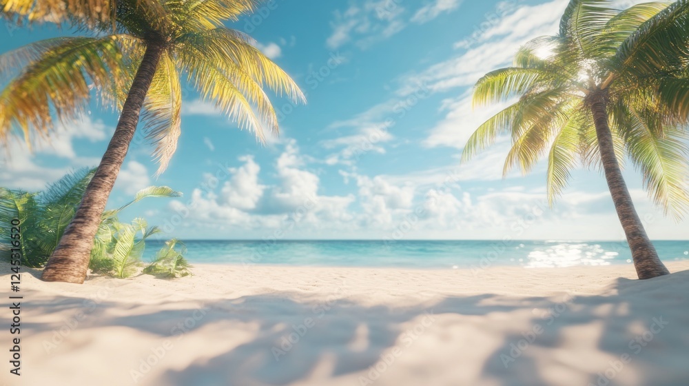 Poster a serene beach scene with palm trees and a tranquil ocean under a bright sky.
