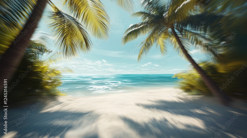 Poster a serene beach scene with palm trees and a vibrant ocean backdrop.