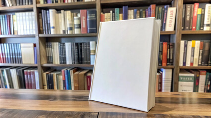 Blank Book Cover Mockup Standing on Wooden Table with Bookshelf Background