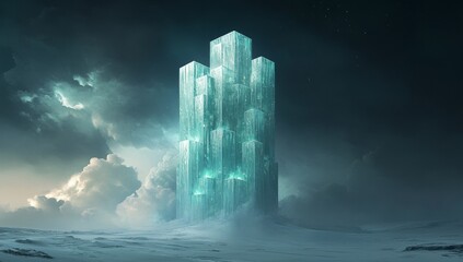 Glowing Ice Tower, Stormy Cloudscape, Fantasy Game Art