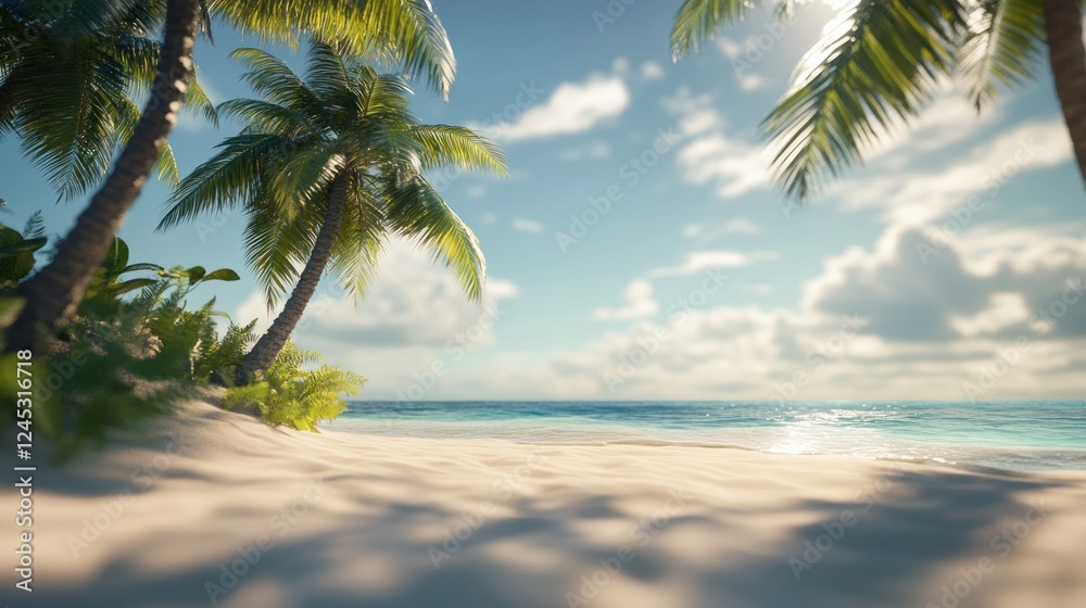 Poster a serene beach scene with palm trees and gentle waves under a bright sky.