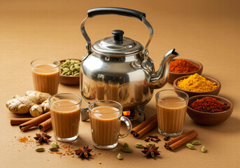 Traditional Masala Chai with Glass Cups, Metal Teapot, and Fragrant Indian Spices