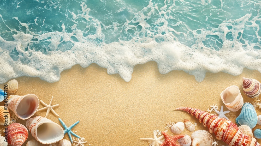 Poster a serene beach scene with seashells and gentle waves lapping at the shore.