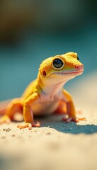 Naklejka premium Petite gecko avec une carapace brune joue dans la sable, tropical, mer, soleil de m?diterran?e