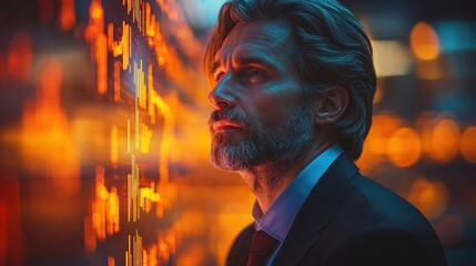 Professional Man Analyzing Stock Market Trends in Glow of Data