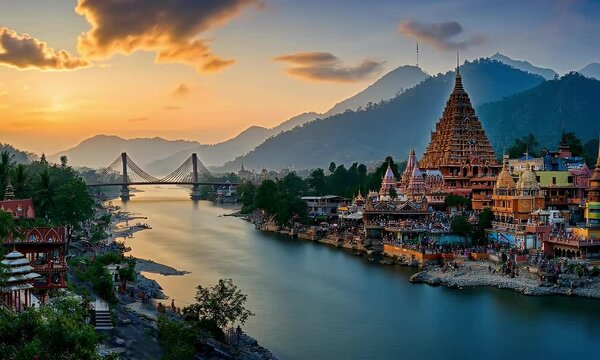 Sunset over Rishikesh, India Ganges River, temple, bridge. Travel photography