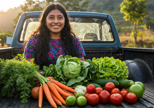 Happy Guatemalan Farmer Woman Transporting Fresh Harvest in Her Truck, Rural Agriculture Scene