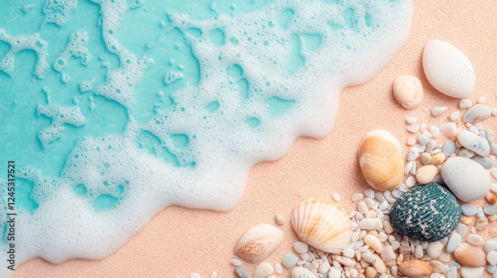 Poster A serene beach scene with shells and gentle waves lapping at the shore.
