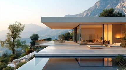 Fototapeta premium Modern Minimalistic Villa with Scenic Mountain Views. Generative AI