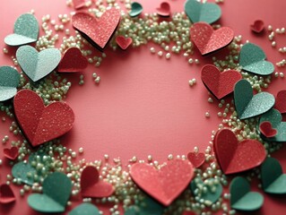 Fototapeta premium Heart-shaped decorations in green, red, and gold form a circle on a pink backdrop
