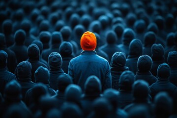 Person in orange hat standing out amongst crowd in dark clothing