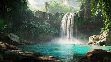 Lush jungle waterfall cascades into turquoise pool; background shows verdant foliage; ideal for travel brochures