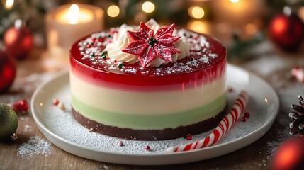A sleek mirror glaze mousse cake in Christmas red and green, topped with candy cane shards and a sugar poinsettia,