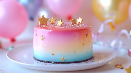 A sleek rainbow-themed mousse cake with a glossy mirror glaze, the colors blending seamlessly in a gradient, decorated with edible gold stars and confetti,