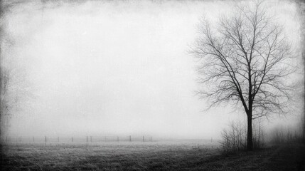 Obraz premium Solitary Tree in Foggy Landscape: A Black and White Monochrome Photography